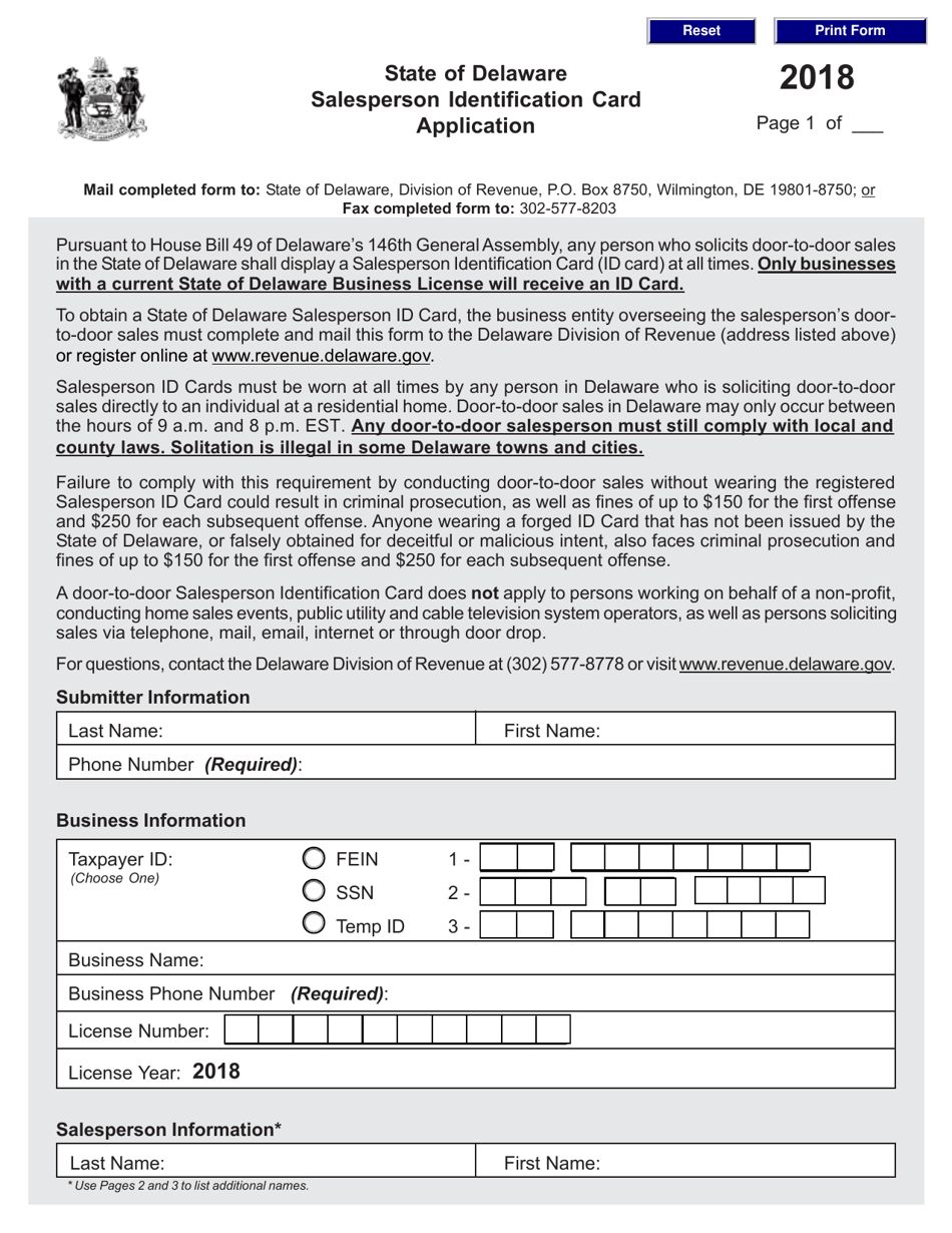 Salesperson Identification Card Application Form - Delaware, Page 1
