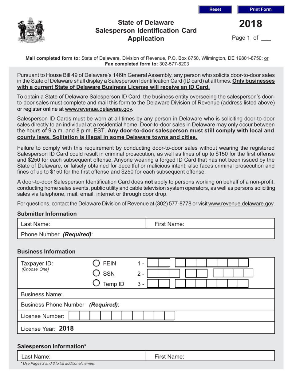 2018 Delaware Salesperson Identification Card Application Form Fill