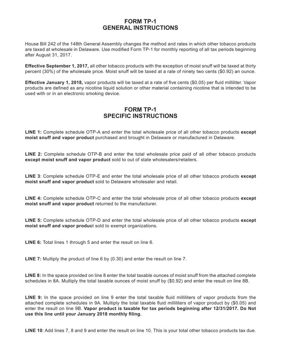 Instructions for Form TP-1 Wholesale Dealers Monthly Report of Other Tobacco Products - Delaware, Page 1