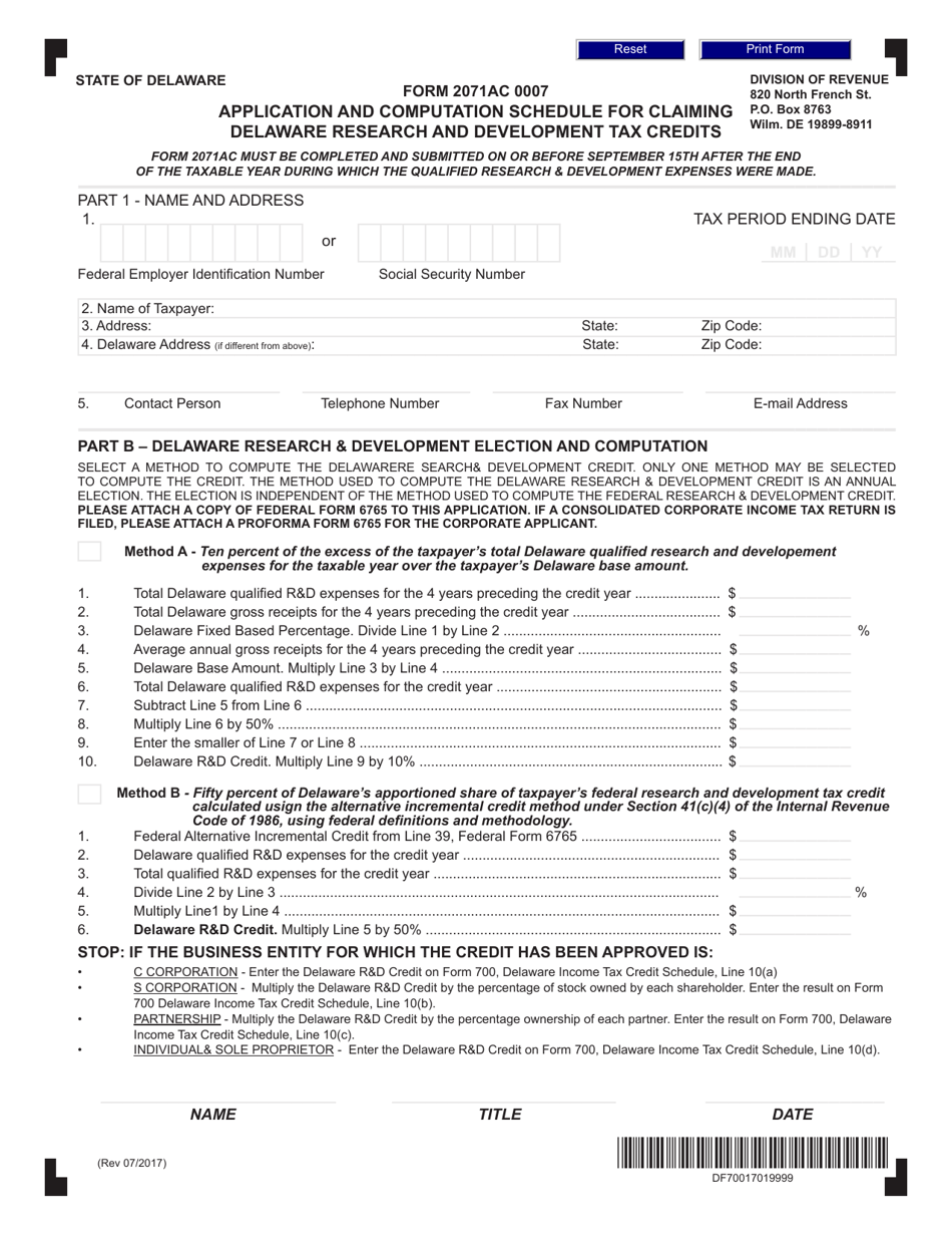 Form 2071AC 0007 Application and Computation Schedule for Claiming Delaware Research and Development Tax Credits - Delaware, Page 1