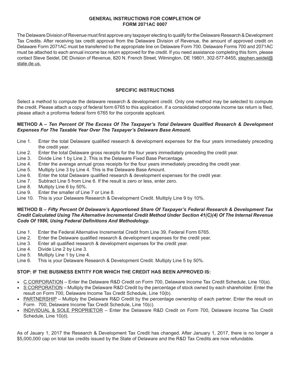 Form 2071AC 0007 Application and Computation Schedule for Claiming Delaware Research and Development Tax Credits - Delaware, Page 2