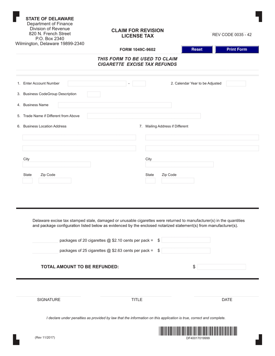 Form 1049C-9602 Claim for Revision License Tax - Delaware, Page 1