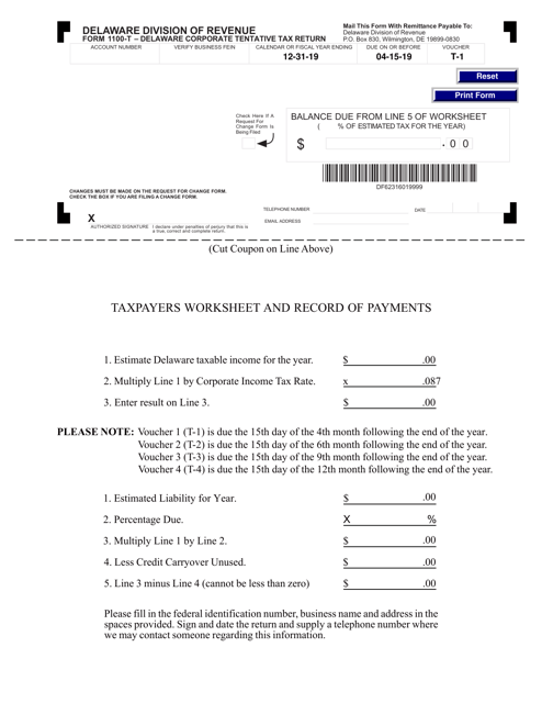 Form 1100-T-1 Delaware Corporate Tentative Tax Return Payment Voucher - Delaware, 2019