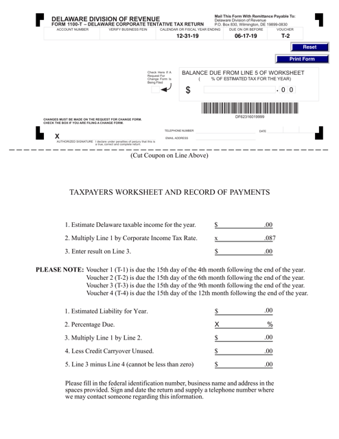 Form 1100-T-2 Delaware Corporate Tentative Tax Return Payment Voucher - Delaware, 2019