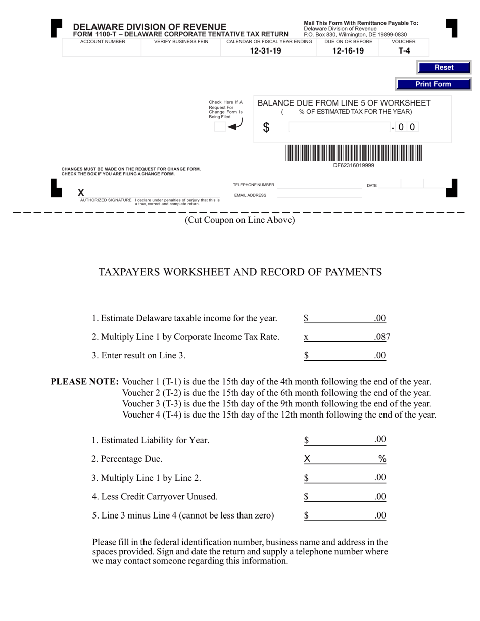 Form 1100-T-4 Delaware Corporate Tentative Tax Return Payment Voucher - Delaware, Page 1