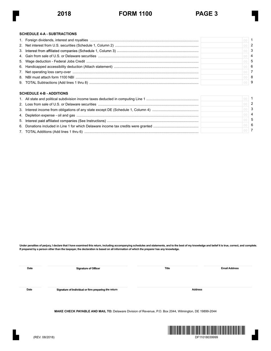 Form 1100 Corporation Income Tax Return - Delaware, Page 3