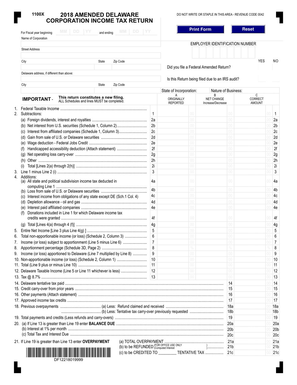 Form 1100X Amended Delaware Corporation Income Tax Return - Delaware, Page 1
