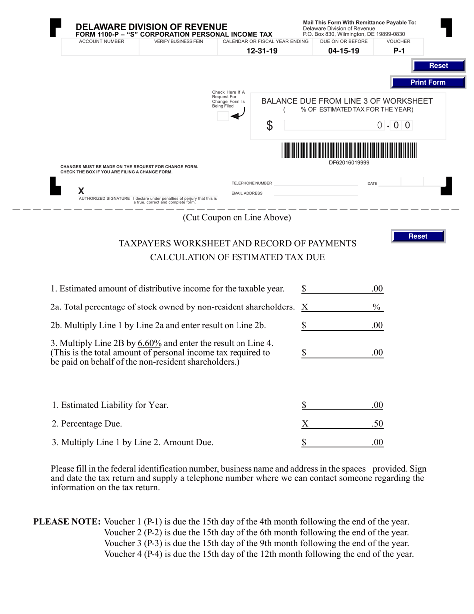 Form 1100-P-1 s Corporation Personal Income Tax Payment Voucher - Delaware, Page 1