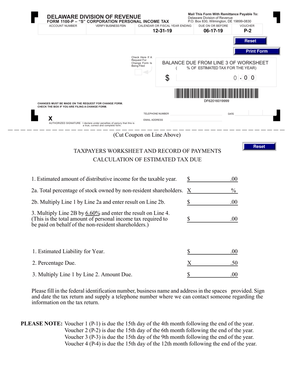 Form 1100-P-2 s Corporation Personal Income Tax Payment Voucher - Delaware, Page 1
