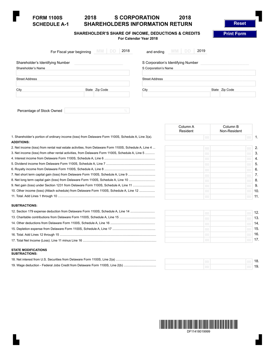 Form 1100S Schedule A-1 Shareholders Information Return - Delaware, Page 1