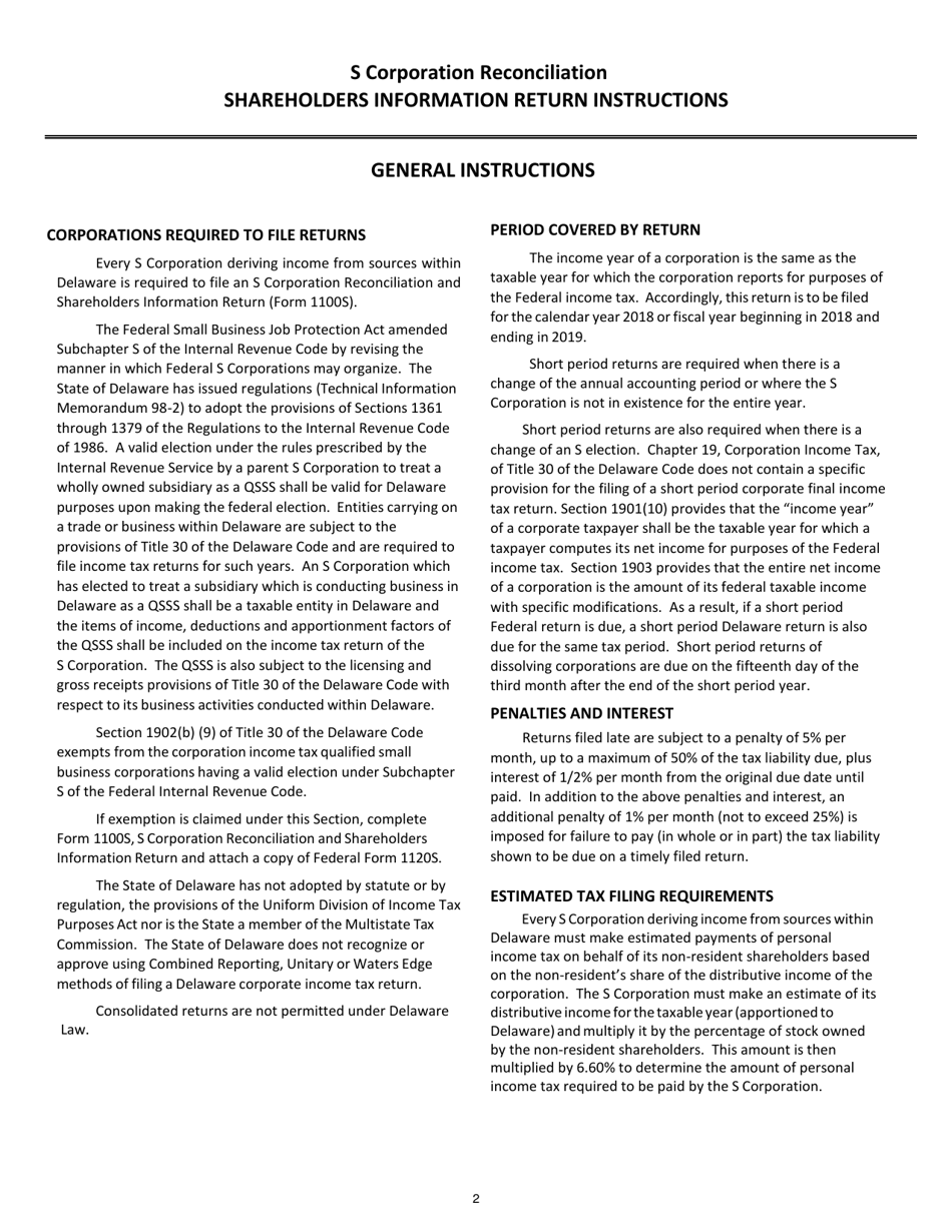 Instructions for Form 1100S S Corporation Reconciliation and Shareholders Information Return - Delaware, Page 2