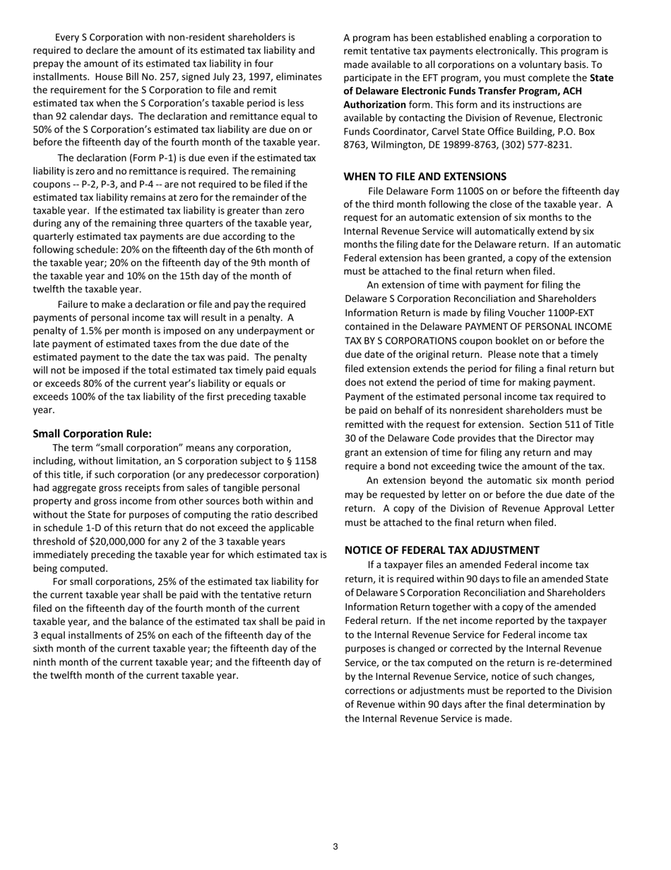 Instructions for Form 1100S S Corporation Reconciliation and Shareholders Information Return - Delaware, Page 3