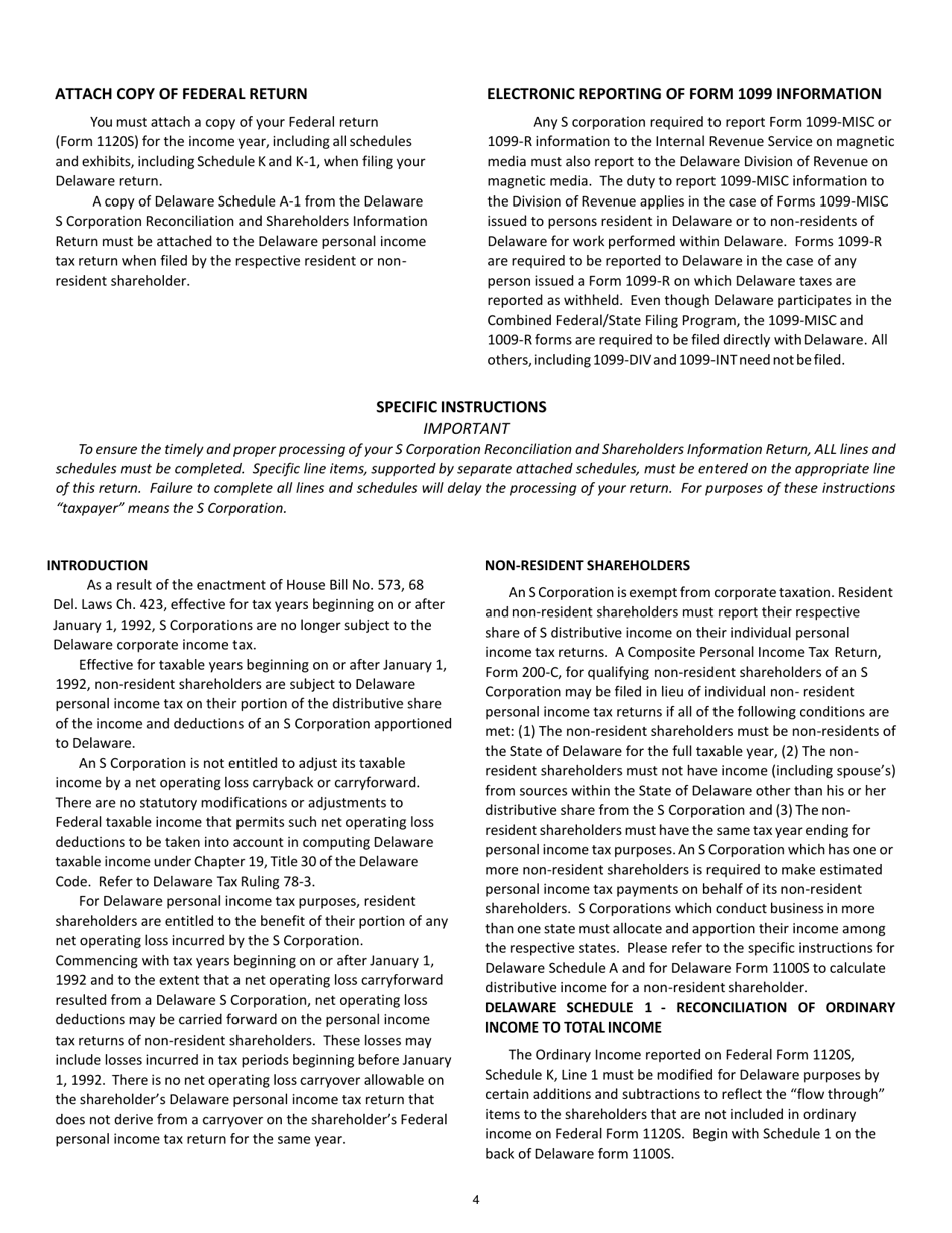 Instructions for Form 1100S S Corporation Reconciliation and Shareholders Information Return - Delaware, Page 4