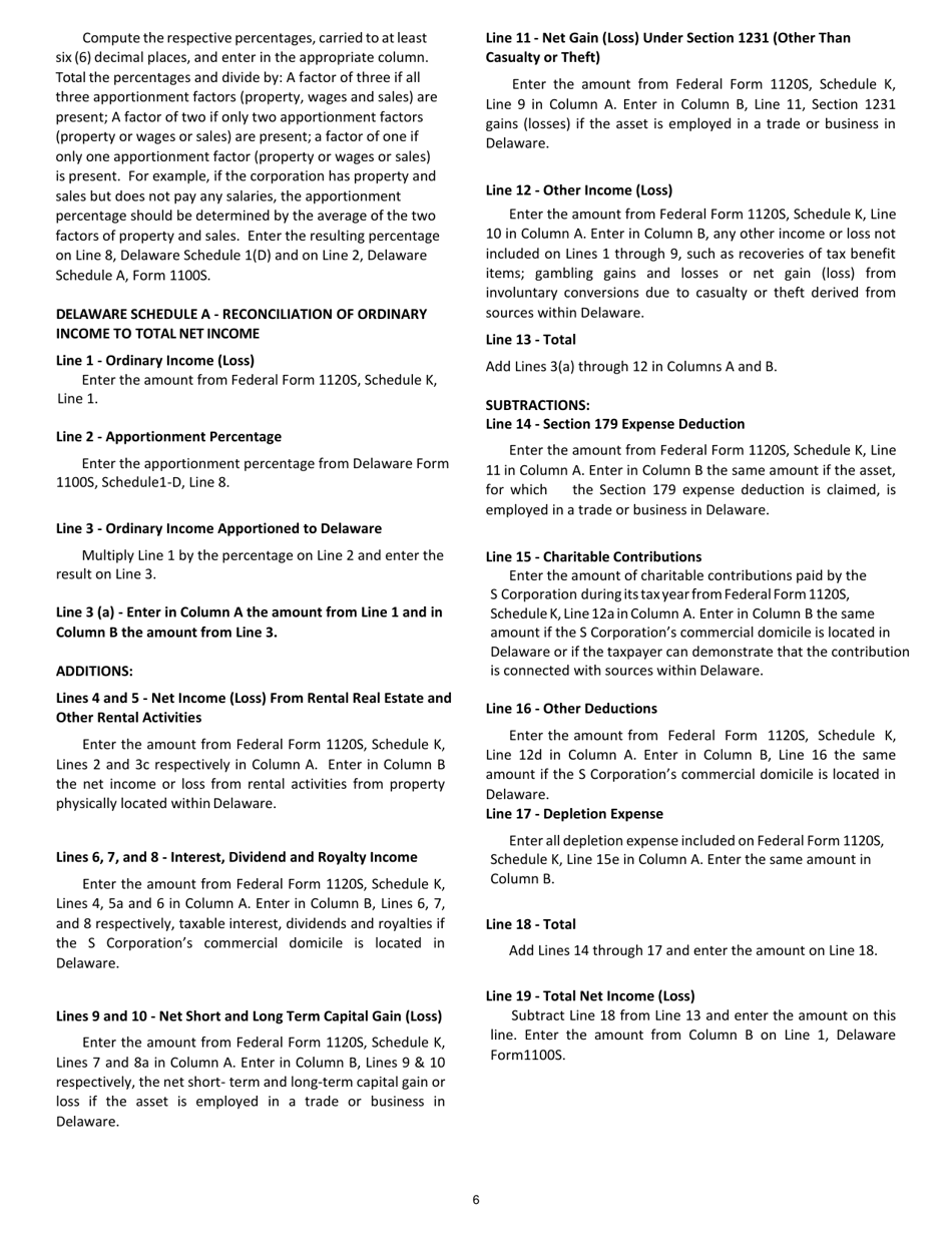 Instructions for Form 1100S S Corporation Reconciliation and Shareholders Information Return - Delaware, Page 6