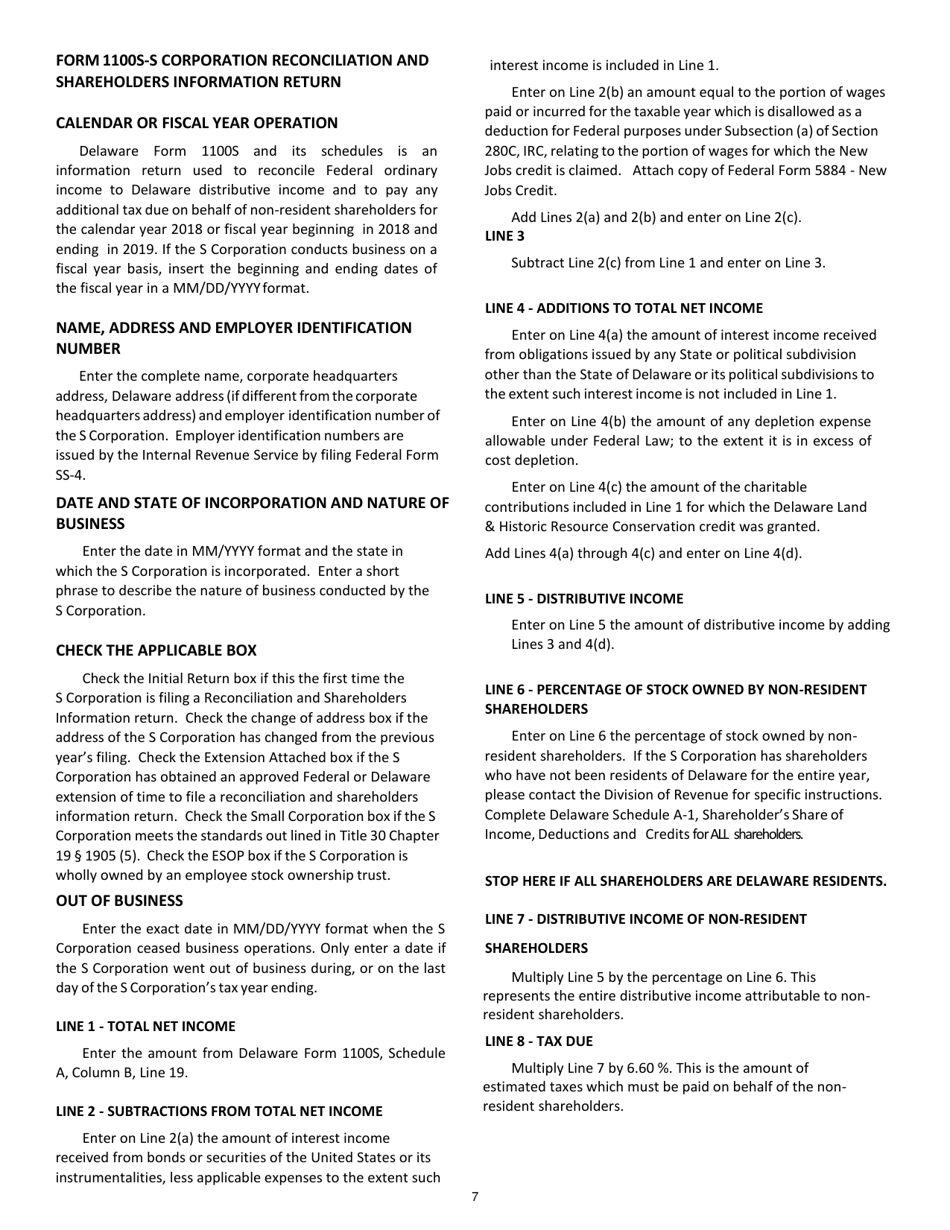 Instructions for Form 1100S S Corporation Reconciliation and Shareholders Information Return - Delaware, Page 7