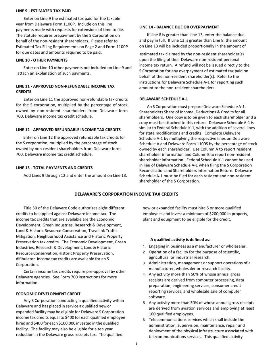 Instructions for Form 1100S S Corporation Reconciliation and Shareholders Information Return - Delaware, Page 8