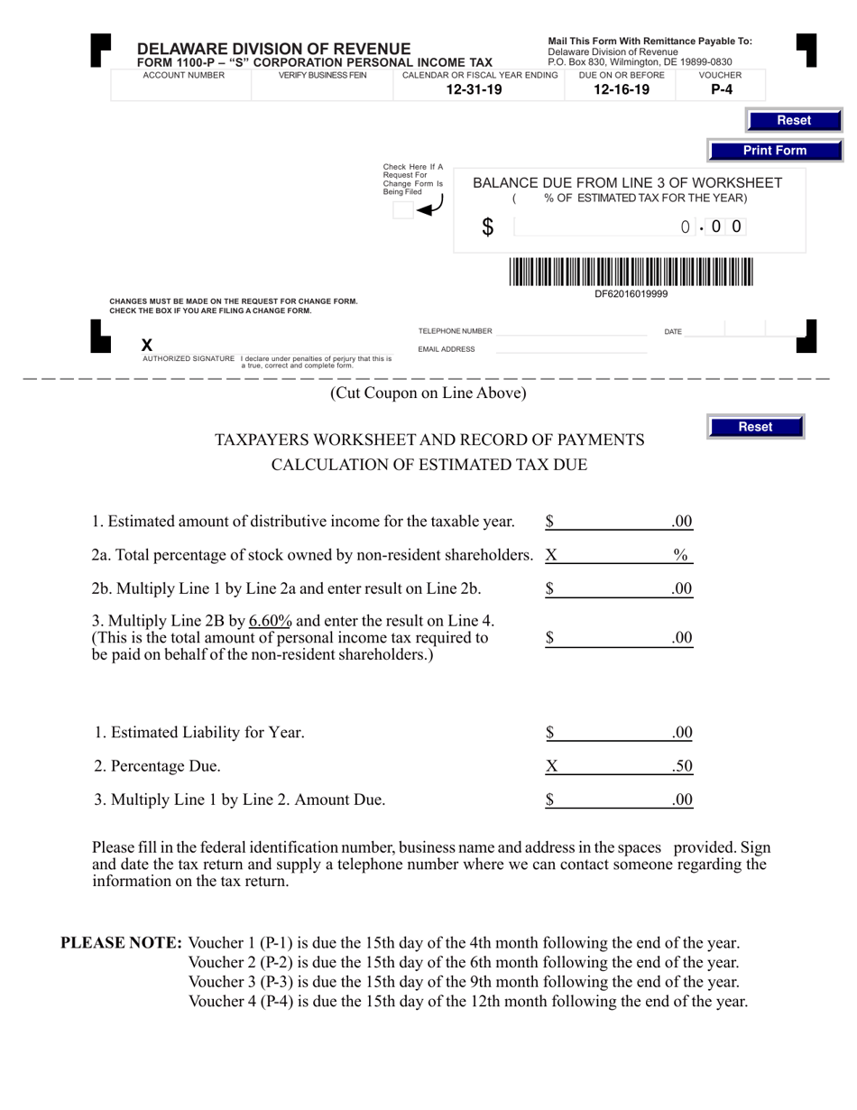 Form 1100-P-4 s Corporation Personal Income Tax Payment Voucher - Delaware, Page 1