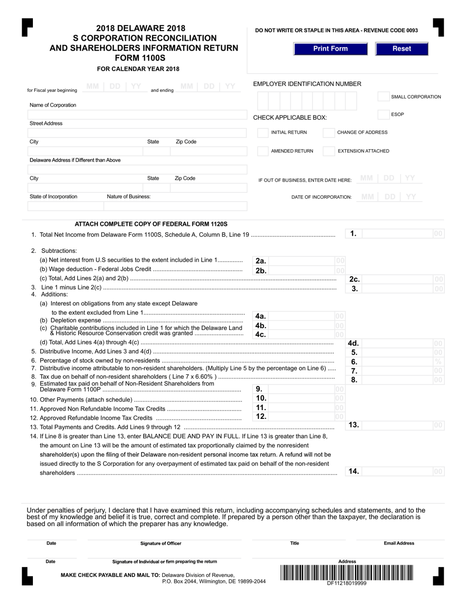 Form 1100S S Corporation Reconciliation and Shareholders Information Return - Delaware, Page 1