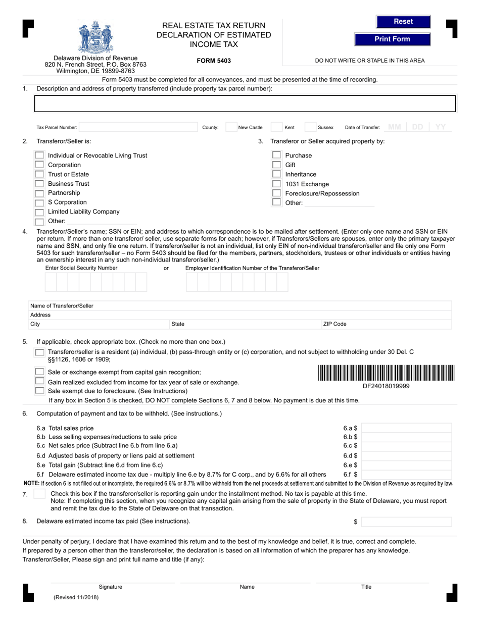 Form 5403 Declaration of Estimated Income Tax - Real Estate Tax Return - Delaware, Page 1
