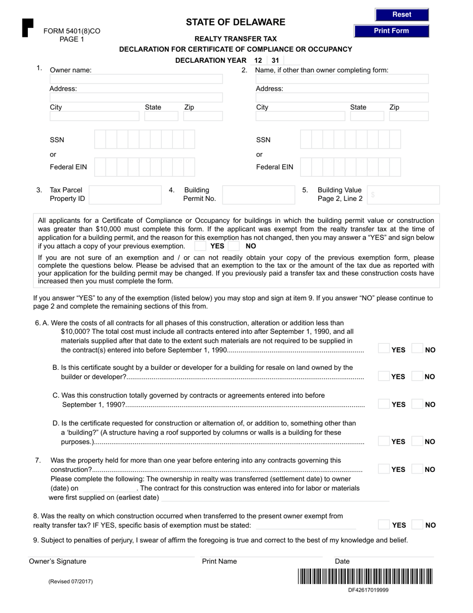 Form 5401(8)CO Realty Transfer Tax Declaration for Certificate of Compliance or Occupancy - Delaware, Page 1