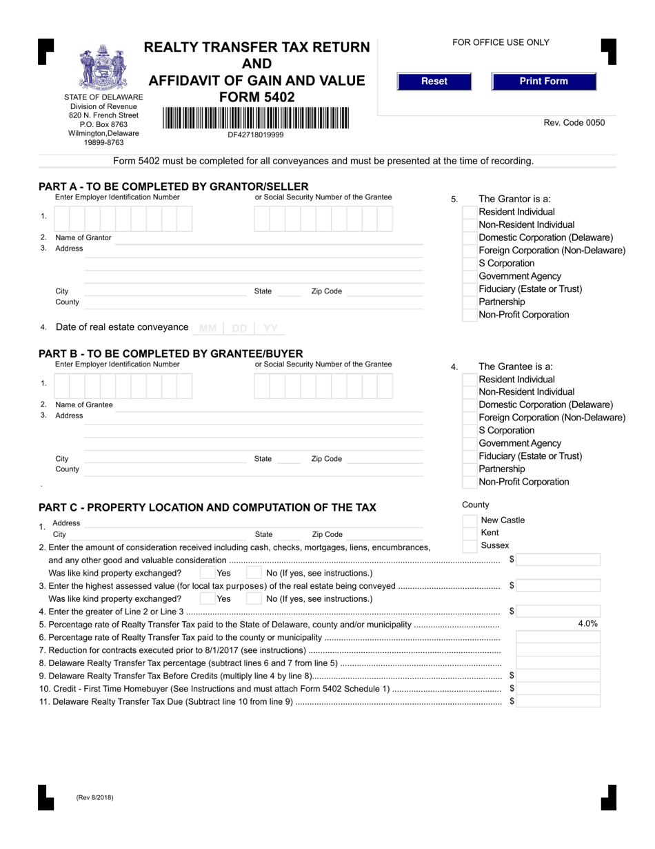 Form 5402 Realty Transfer Tax Return and Affidavit of Gain and Value - Delaware, Page 1