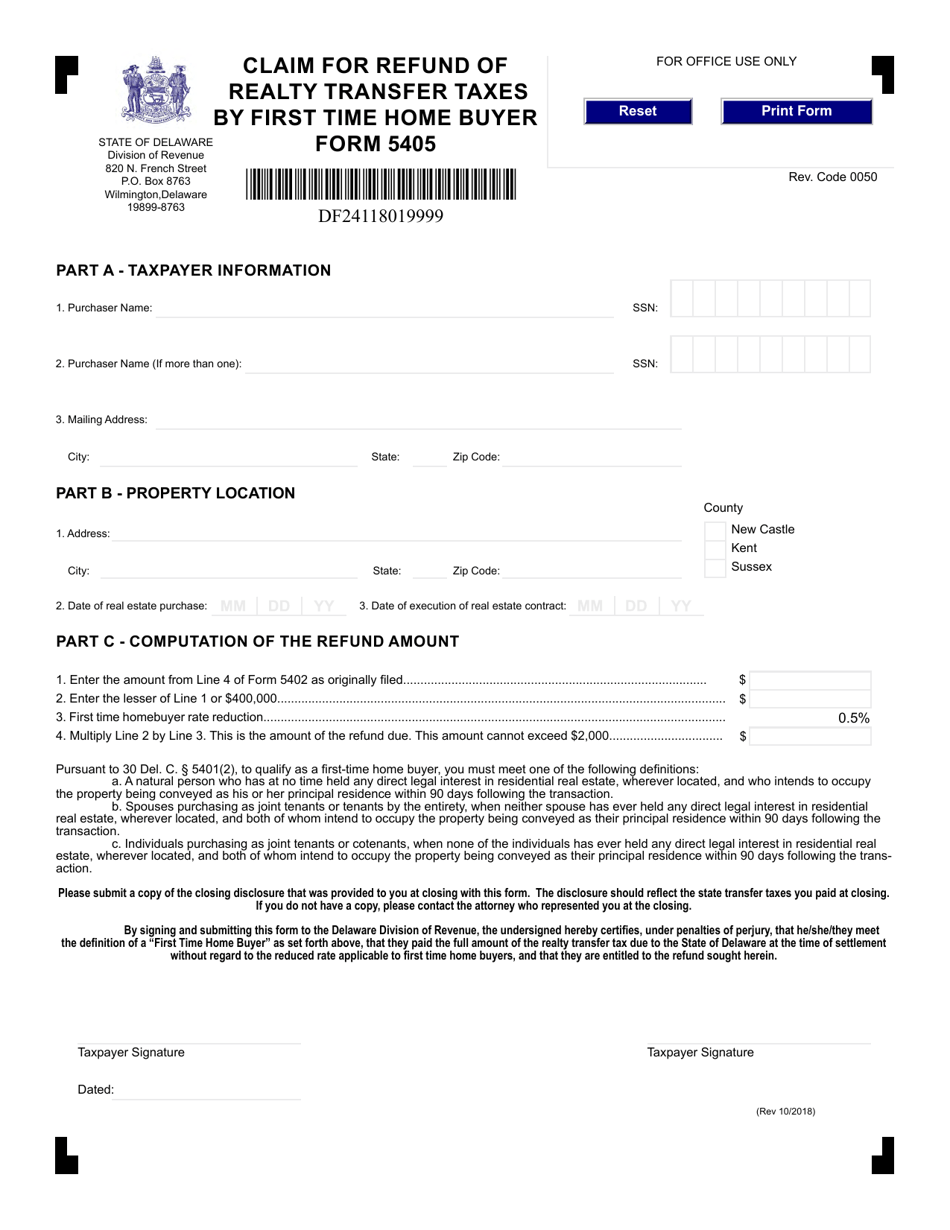 Form 5405 Claim for Refund of Realty Transfer Taxes by First Time Home Buyer - Delaware, Page 1