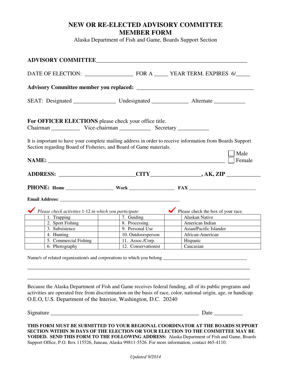 New or Re-elected Advisory Committee Member Form - Alaska, Page 1