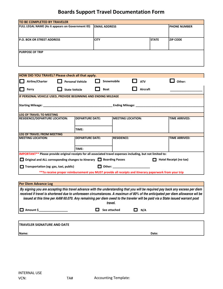Boards Support Travel Documentation Form, Page 1