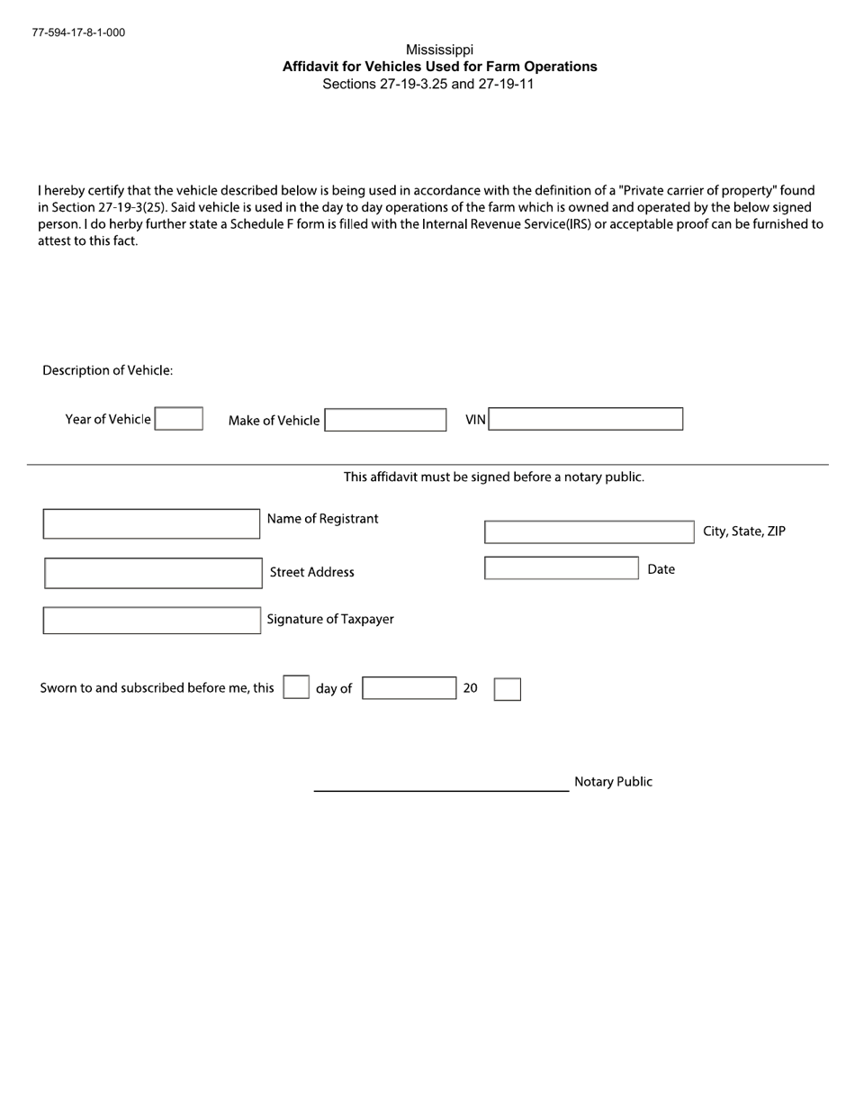Form 77-594-17-8-1-000 Affidavit for Vehicles Used for Farm Operations - Mississippi, Page 1