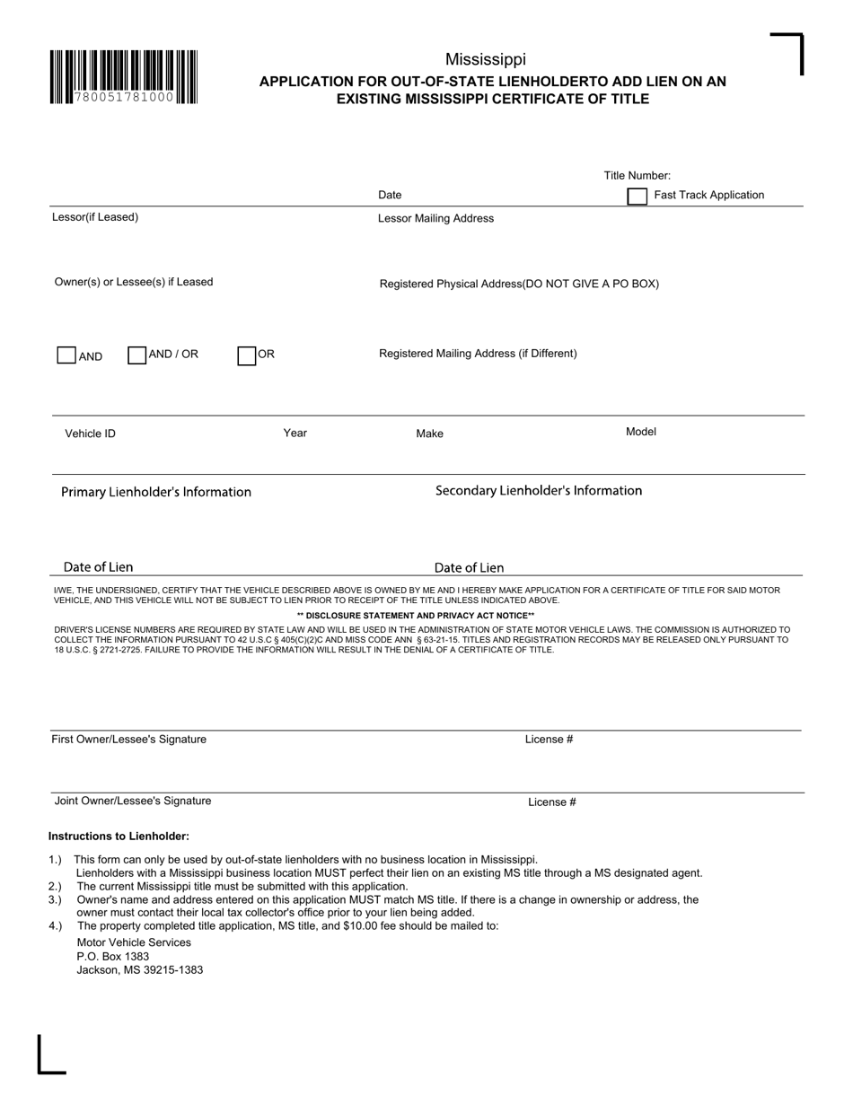 Application for Out-of-State Lienholder to Add Lien on an Existing Mississippi Certificate of Title - Mississippi, Page 1