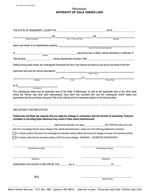 Form 78-010-17-8-1-000 Affidavit of Sale Under Lien - Mississippi
