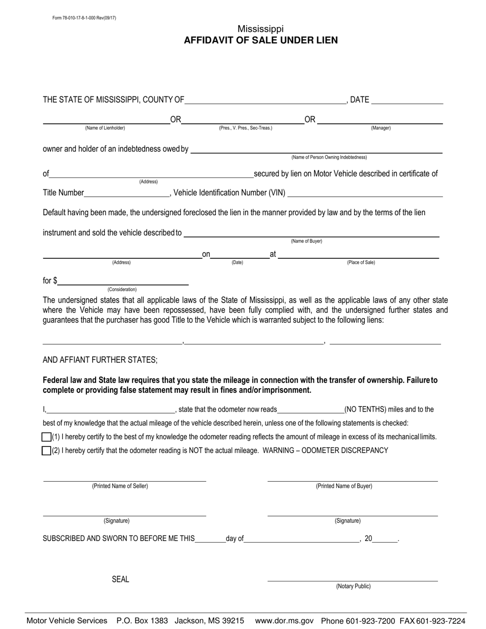 Form 78-010-17-8-1-000 Affidavit of Sale Under Lien - Mississippi, Page 1
