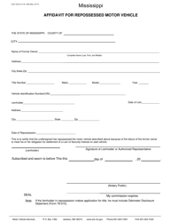 Document preview: Form 78-012-17-8-1-000 Affidavit for Repossessed Motor Vehicle - Mississippi