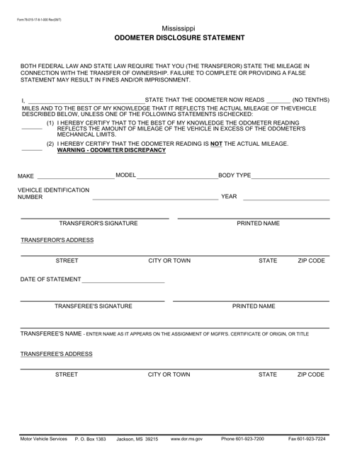 Form 78-015-17-8-1-000 Odometer Disclosure Statement - Mississippi