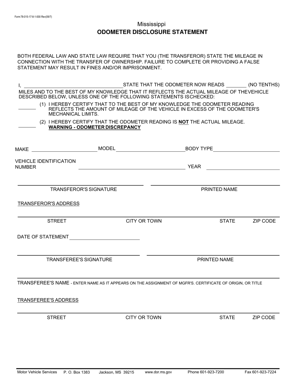 Form 78-015-17-8-1-000 Odometer Disclosure Statement - Mississippi, Page 1