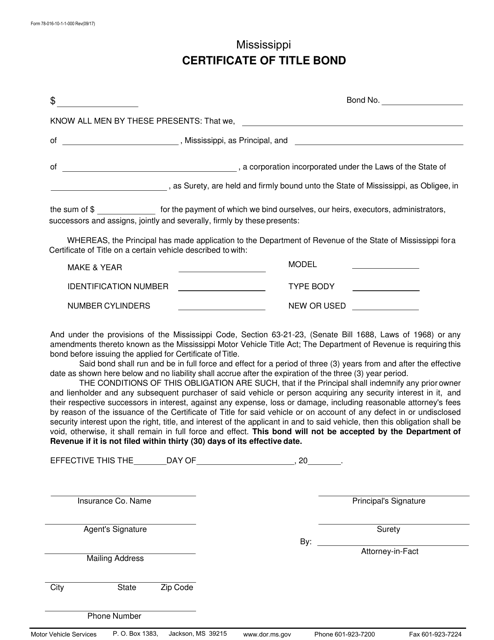 Form 78016 Certificate of Title Bond - Mississippi