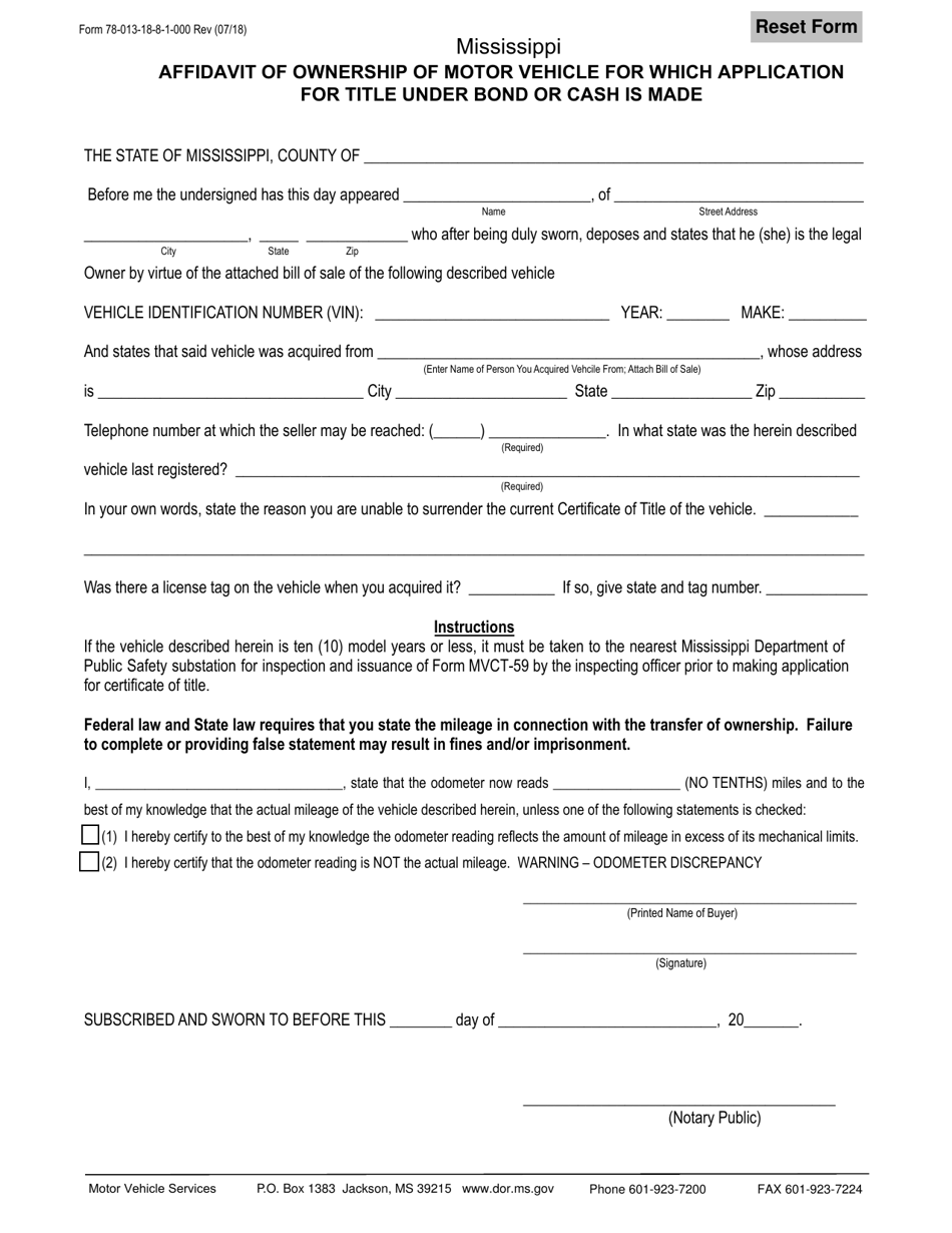 Form 78-013-18-8-1-000 Affidavit of Ownership of Motor Vehicle for Which Application for Title Under Bond or Cash Is Made - Mississippi, Page 1