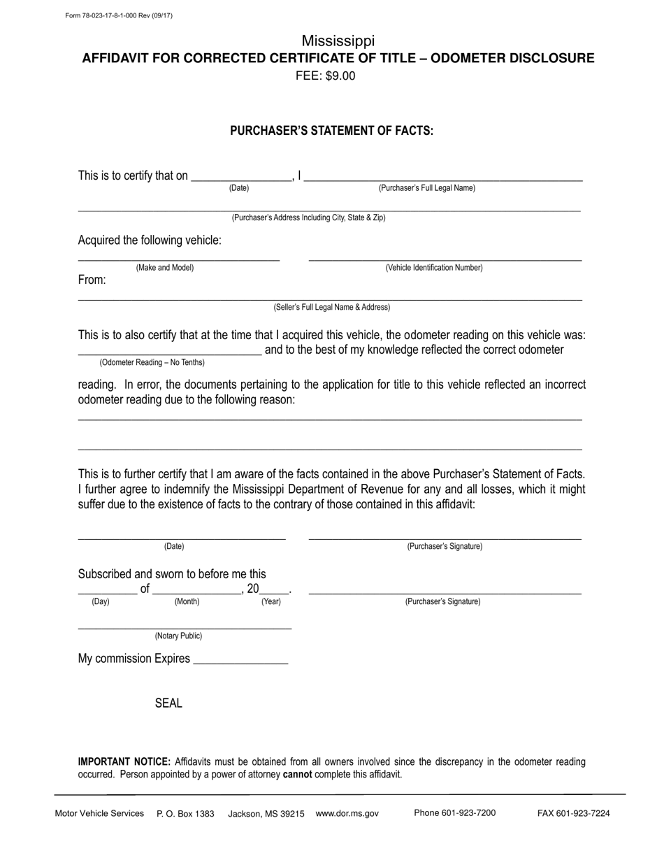 Form 78-023-17-8-1-000 Affidavit for Corrected Certificate of Title - Odometer Disclosure - Mississippi, Page 1