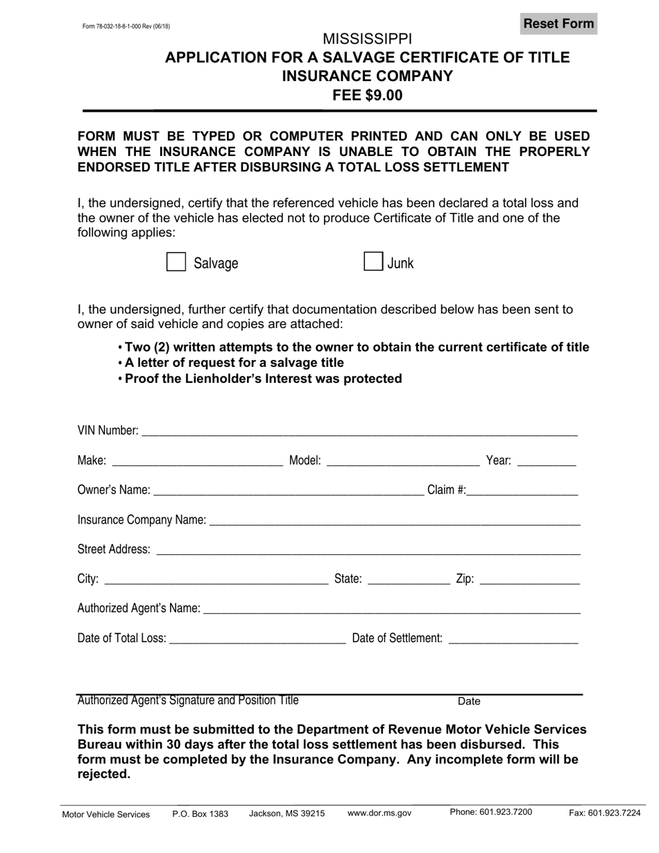 Form 78-032-18-8-1-000 Application for a Salvage Certificate of Title Insurance Company - Mississippi, Page 1