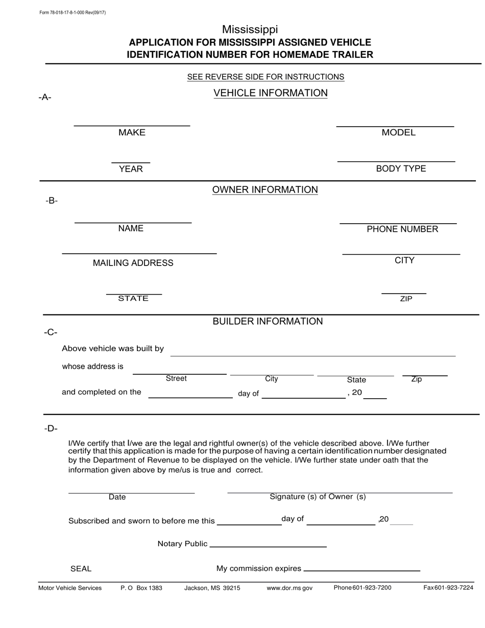 Form 78-018-17-8-1-000 Application for Mississippi Assigned Vehicle Identification Number for Homemade Trailer - Mississippi, Page 1