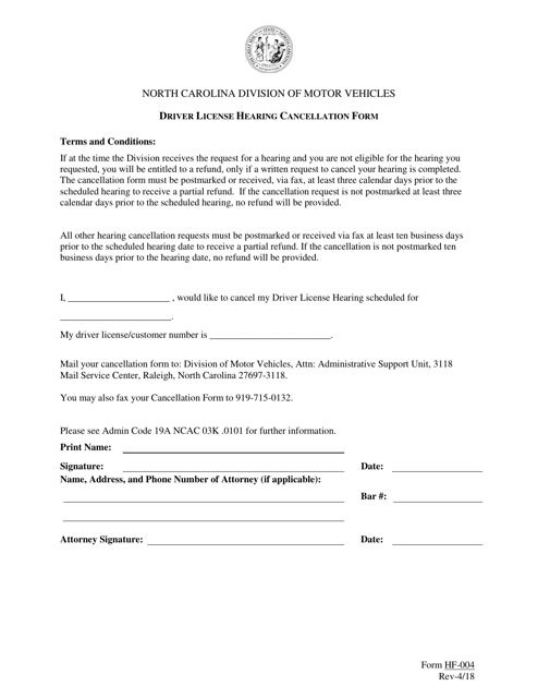 Form HF-004 Driver License Hearing Cancellation Form - North Carolina