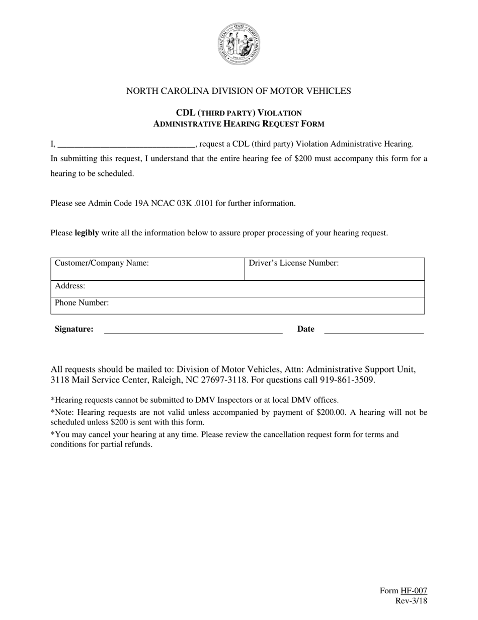 Form HF-007 Cdl (Third-Party) Violation Administrative Hearing Request Form - North Carolina, Page 1