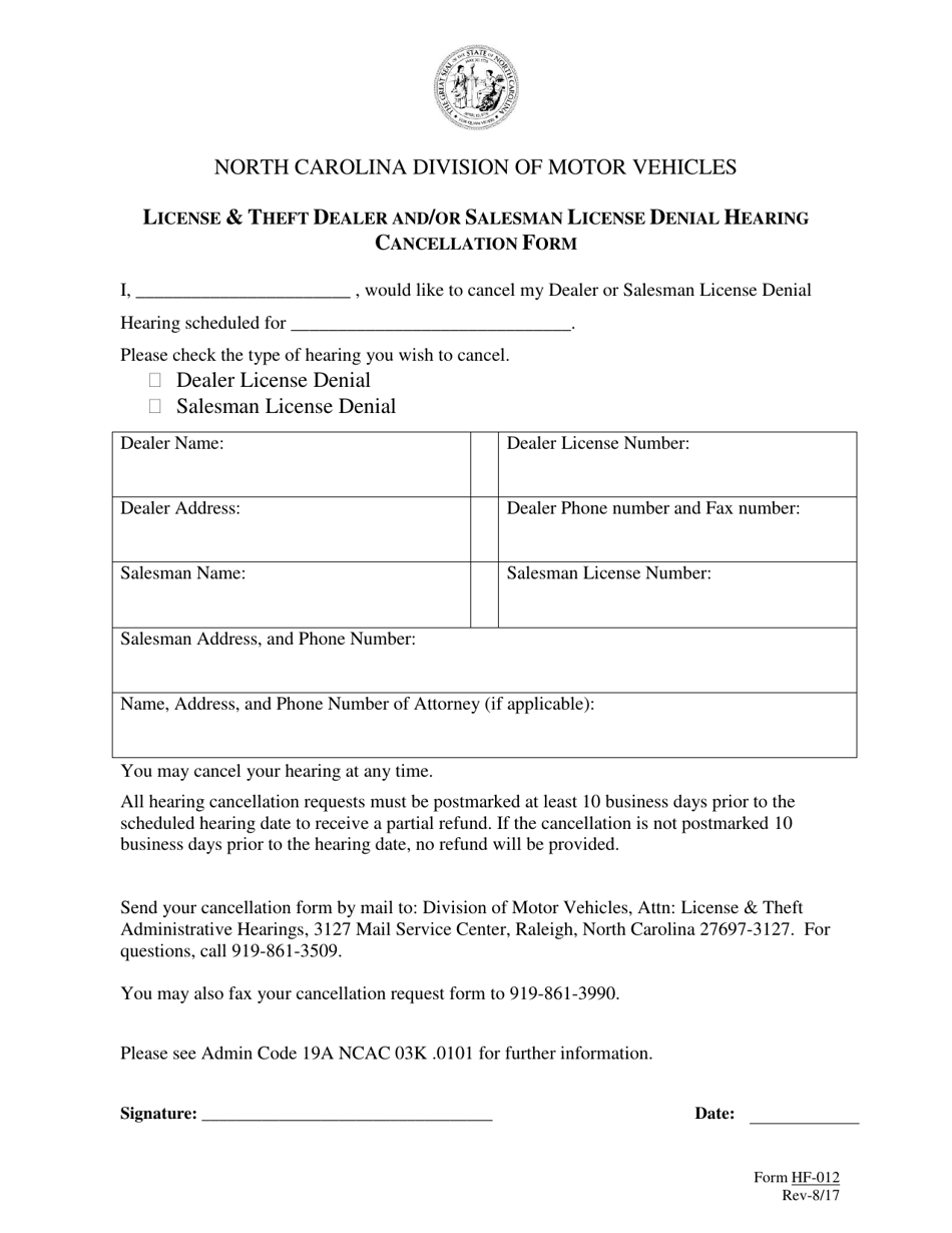 Form HF-012 License  Theft Dealer and / or Salesman License Denial Hearing Cancellation Form - North Carolina, Page 1