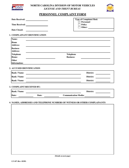 Form LT-107 Personnel Complaint Form - North Carolina