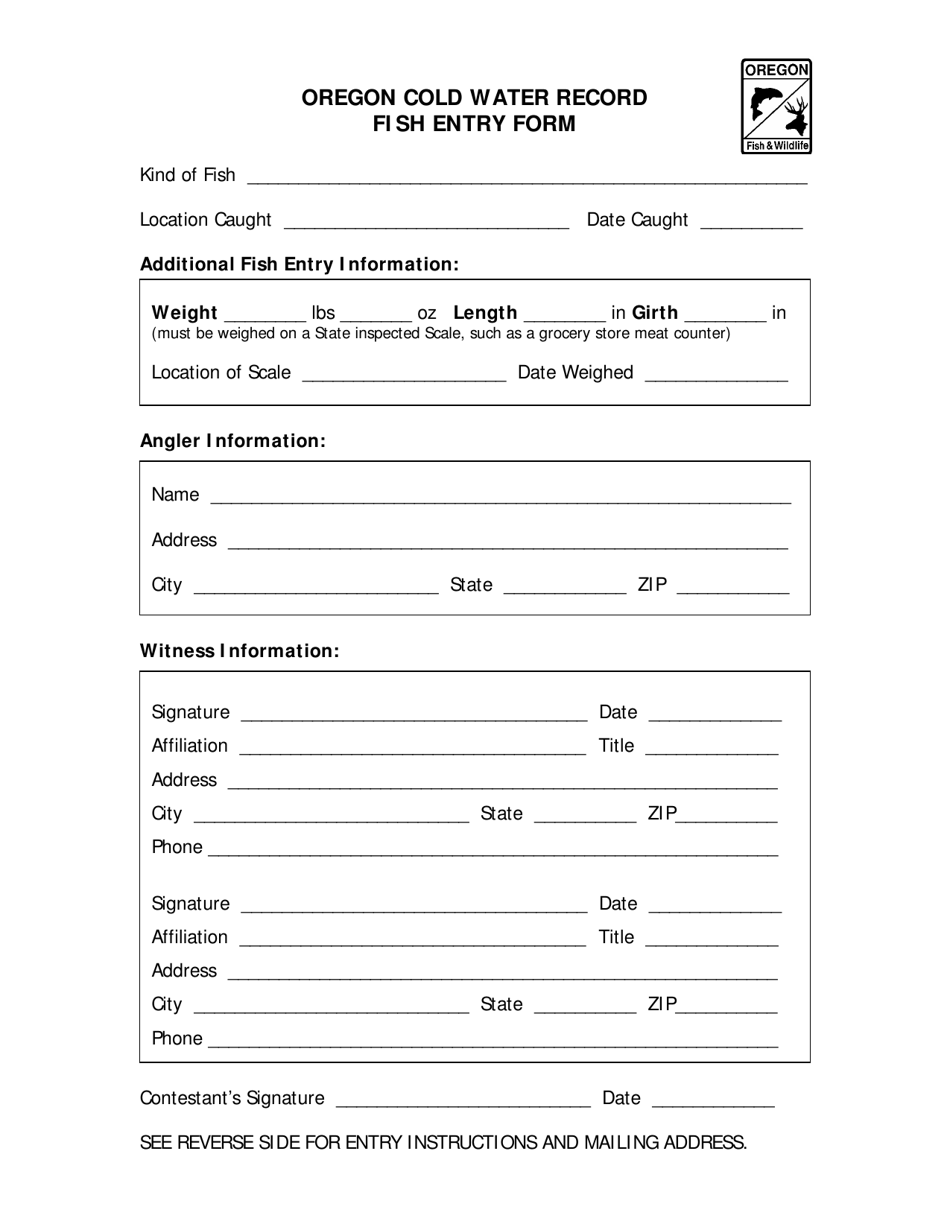 Oregon Cold Water Record Fish Entry Form - Oregon, Page 1