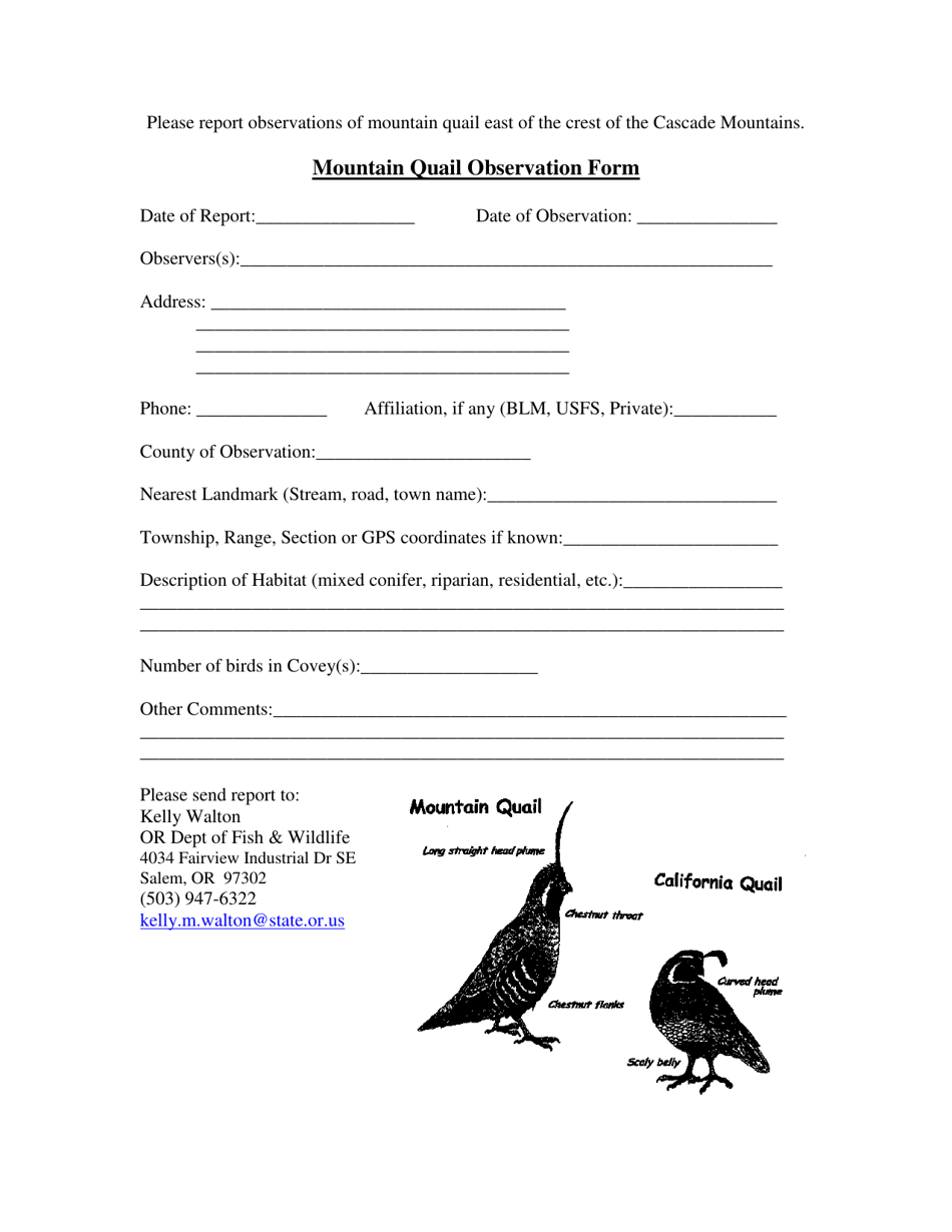 Mountain Quail Observation Form - Oregon, Page 1