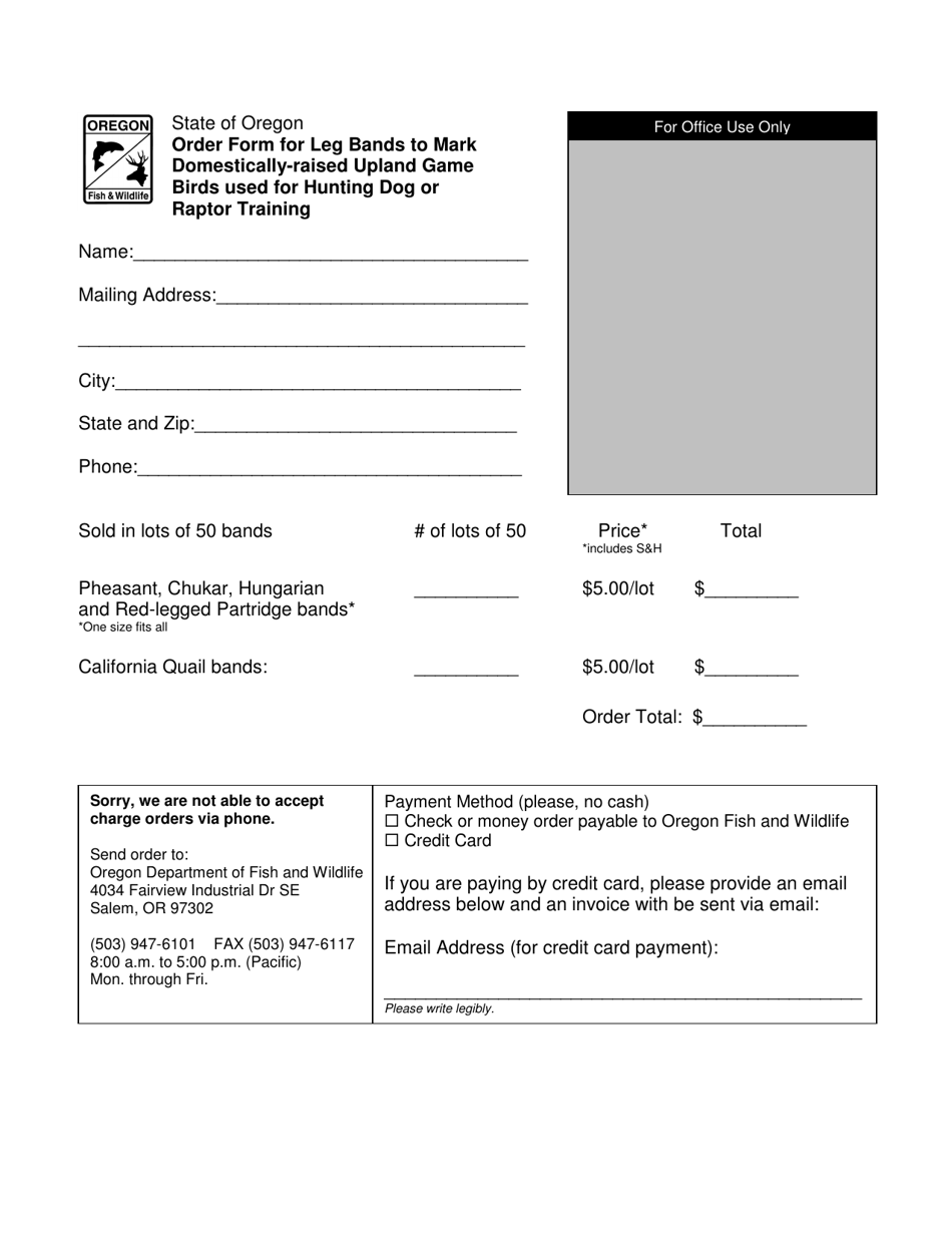 Order Form for Leg Bands to Mark Domestically-Raised Upland Game Birds Used for Hunting Dog or Raptor Training - Oregon, Page 1