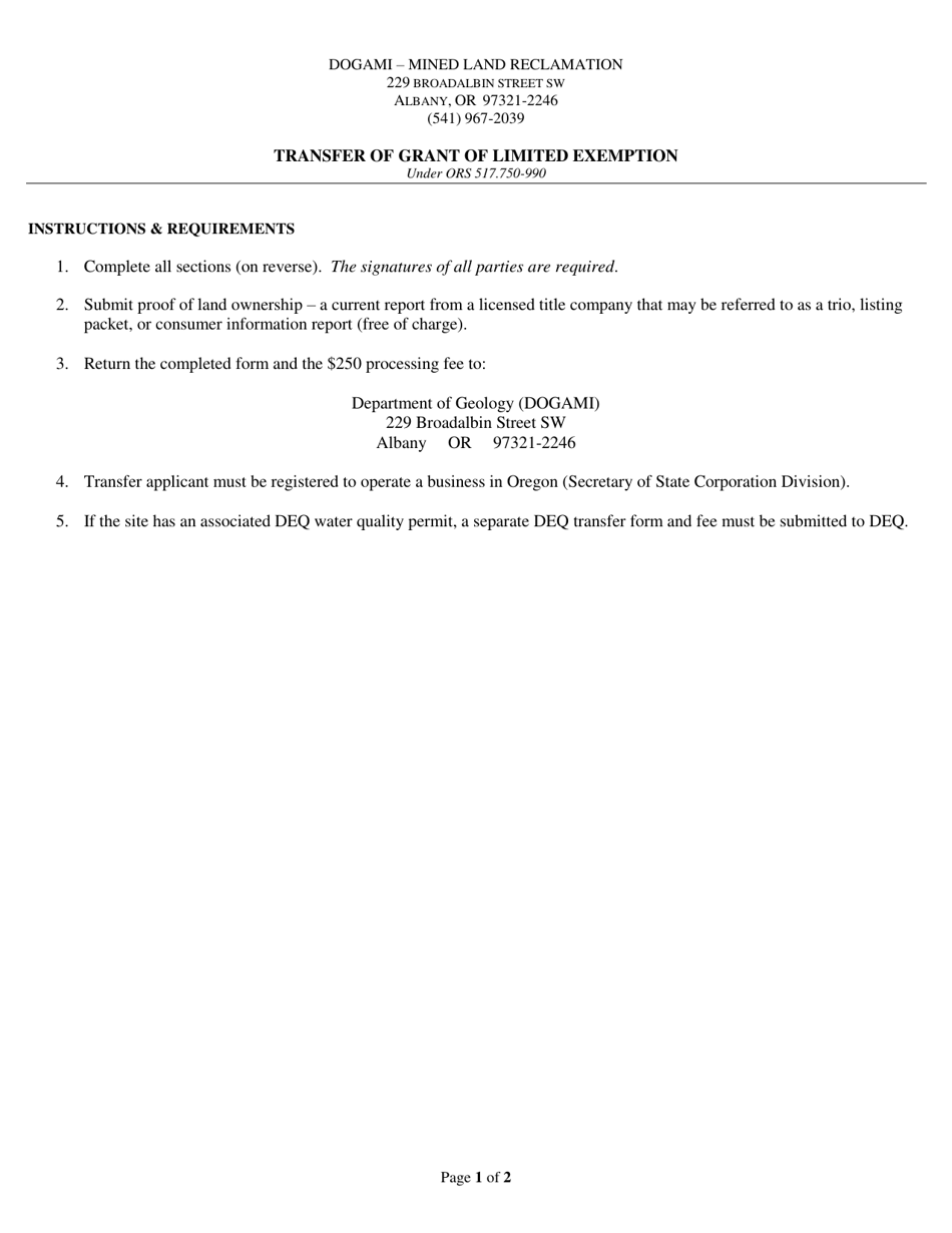 Transfer of Grant of Limited Exemption - Oregon, Page 1