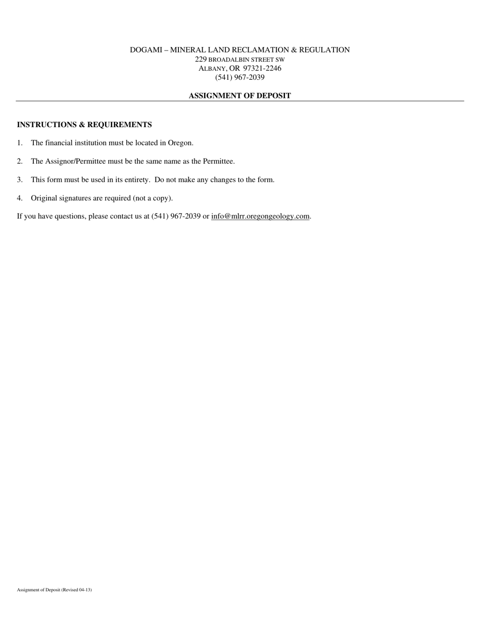 Assignment of Deposit - Oregon, Page 1