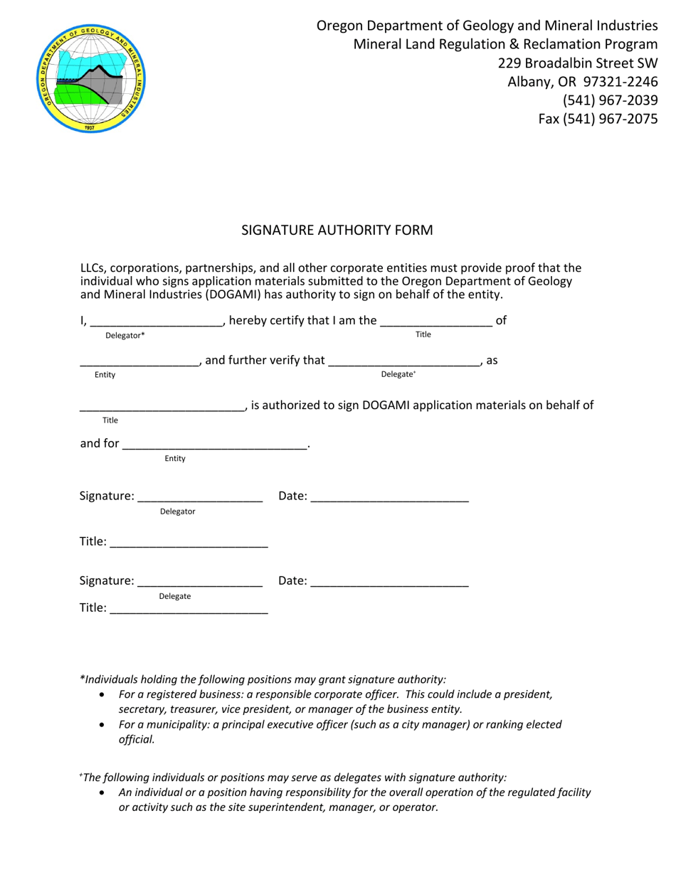 Signature Authority Form - Oregon, Page 1
